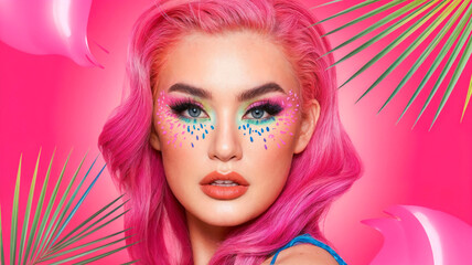 Fototapeta premium Vibrant portrait of a woman with bold summer makeup and colorful hair against a tropical backdrop