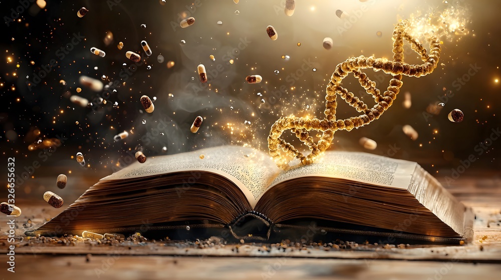 Poster glowing dna double helix rising from the pages of an open book representing the genetic blueprints a