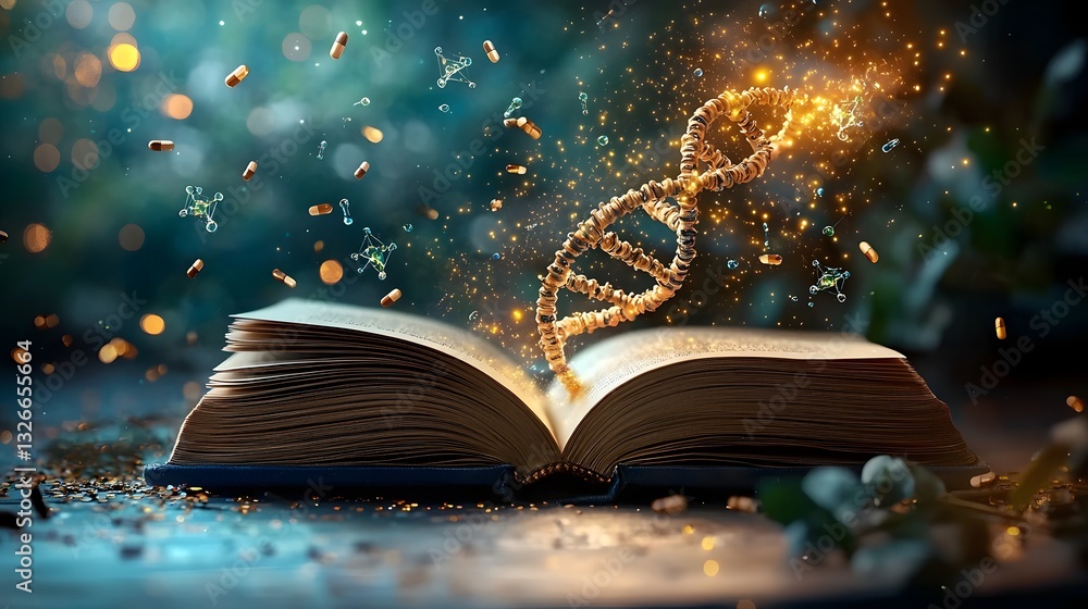 Aufkleber glowing dna double helix rising from the pages of an open book symbolizing the genetic blueprint and