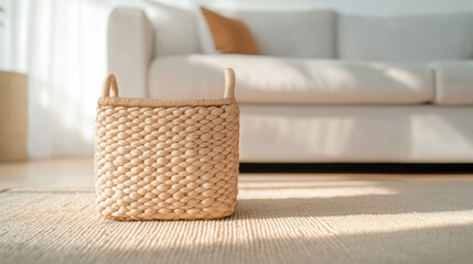 Fototapeta premium neatly woven square basket made of natural fibers sits on rug in bright living room, adding touch of warmth and organization to space