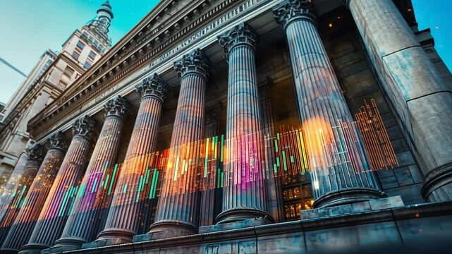 Majestic facade of traditional Bank building with financial market trading charts overlay
