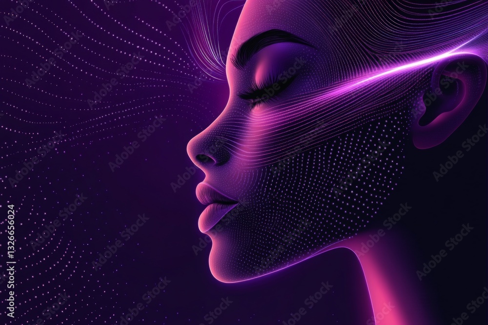 Poster digital portrait of a woman with glowing features in a futuristic style set against a purple backgro