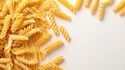 Obraz premium Raw fusilli pasta scattered on a light surface ready for cooking in a delicious meal preparation
