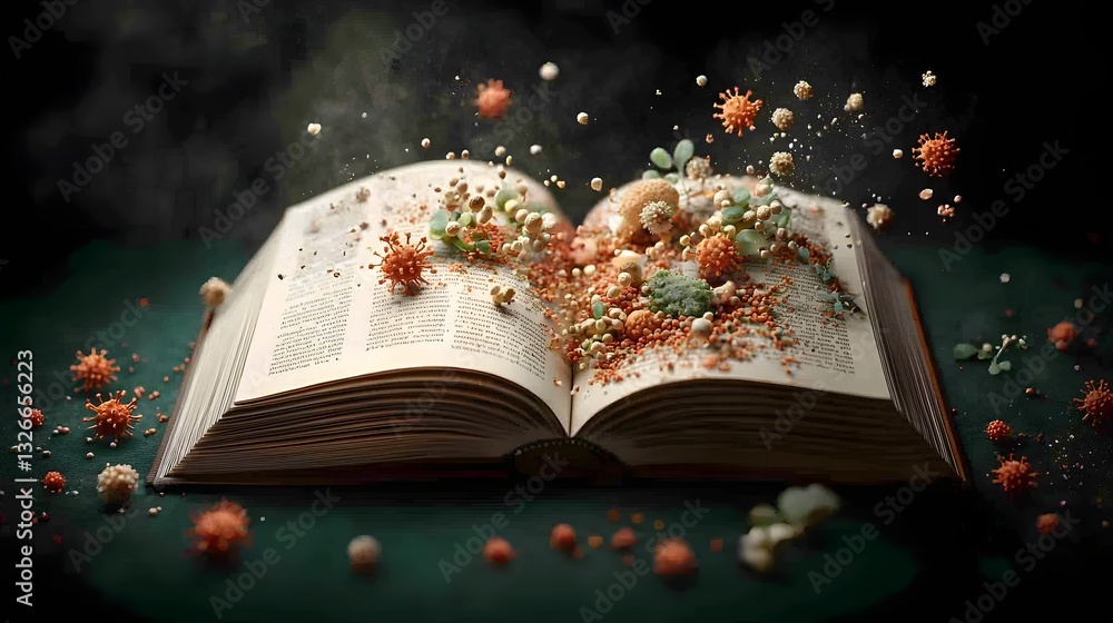 Poster captivating microscopic world unveiled within the pages of an open book showcasing the intricate det