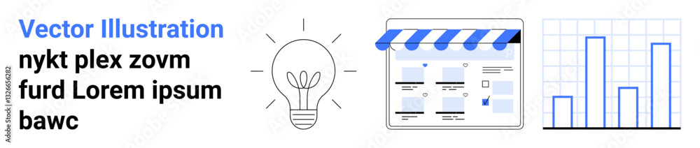 Poster light bulb signifying innovation, webpage storefront representing design and e-commerce, bar chart d