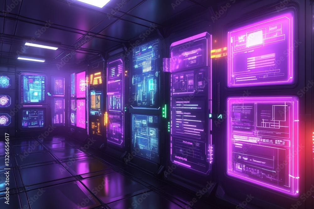 Poster futuristic control room illuminated by neon lights with advanced digital interfaces and holographic 