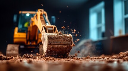Yellow excavator is digging into the ground. The dirt is brown and the machine is surrounded by it