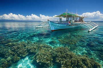 Obraz premium Bright blue boat anchored over vibrant coral reef in clear tropical waters under a sunny sky