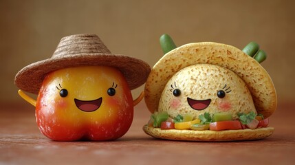 Happy pepper and taco friends on wood table
