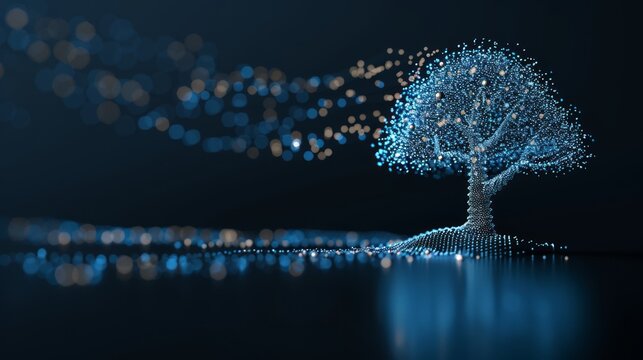 Illuminated futuristic investment tree with digital nodes growing wealth through AI technology. Strong emphasis on sharpness and clarity.