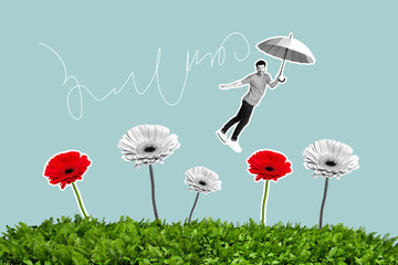 Contemporary art collage of happy man fly umbrella spring season park walk nature gerbera bloom...