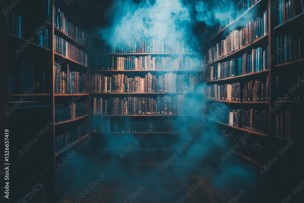 Poster Misty library filled with ancient books and shadows creating an enchanting atmosphere at dusk