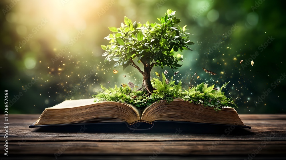 Poster open book displaying a lush tree of life with interconnected species from single celled organisms to