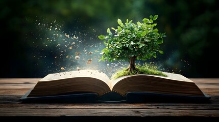 An open book with a tree of evolution growing from its pages displaying the interconnected species from single celled organisms to complex mammals