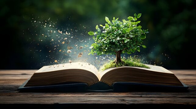An open book with a tree of evolution growing from its pages displaying the interconnected species from single celled organisms to complex mammals