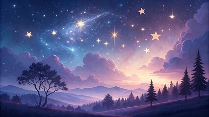 Dreamlike Night Sky over Silhouetted Trees and Hills