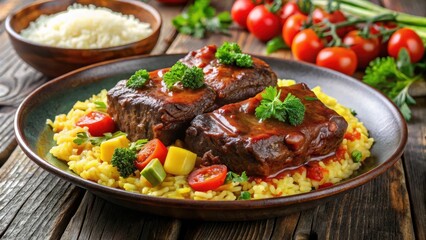 Braised beef short ribs in a rich tomato-based sauce served with saffron-infused rice and steamed vegetables , braised meat, traditional dish