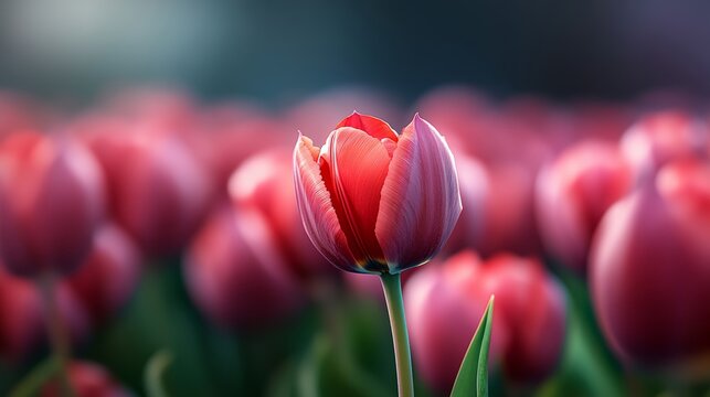 Single red flower stands out in a field of red flowers. Concept of beauty and serenity, as the lone flower stands out against the backdrop of the other flowers