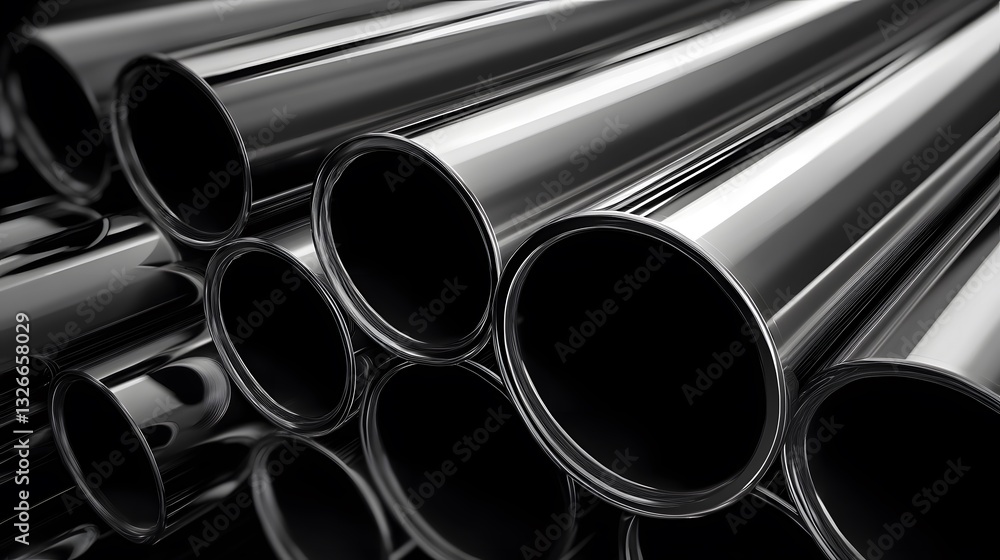 Poster stack of shiny metal pipes creating industrial background