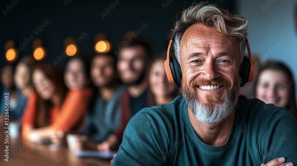 Poster man with a beard and a pair of headphones is smiling at the camera. he is surrounded by a group of p
