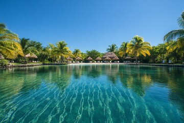Fototapeta premium Clear turquoise water reflects palm trees and thatched cottages in a serene tropical lagoon on a sunny day