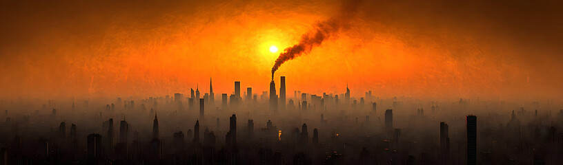 Smog-filled city sunset, pollution