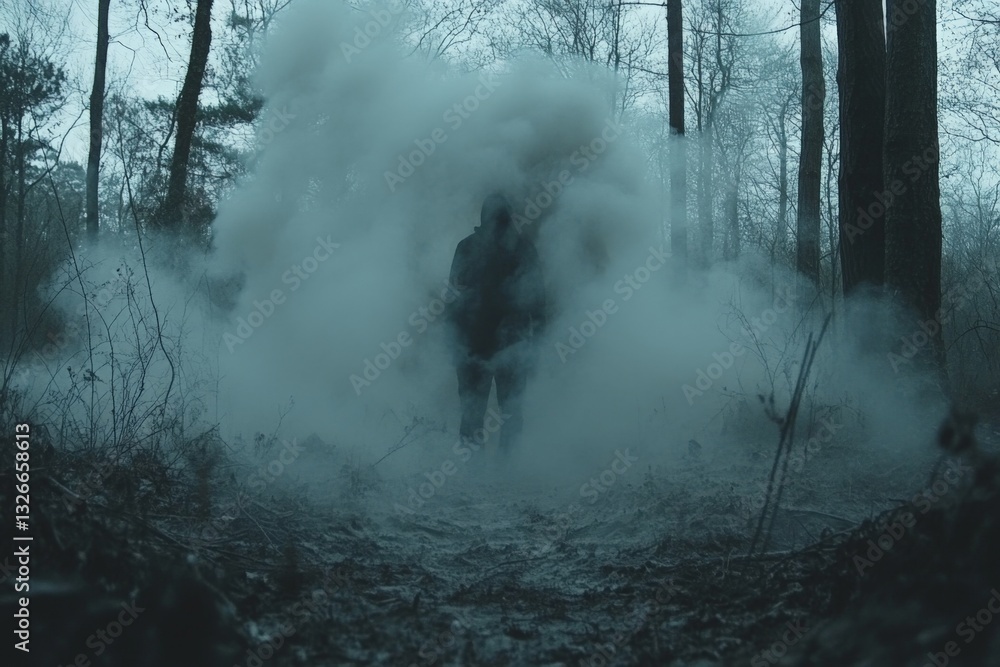 Aufkleber Mysterious figure enveloped in fog in a dense forest during twilight hours