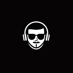 Hipster DJ with Sunglasses and Headphones, White on Black Logo