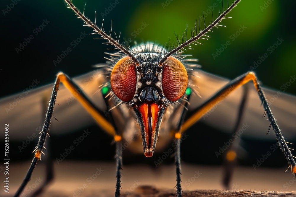 Poster close up of a bug's face with red eyes and a long, thin mouth. the bug is standing on a surface, pos
