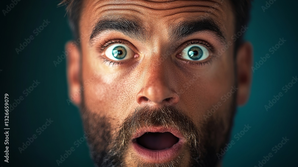 Poster man with a beard and a surprised expression on his face. the man's eyes are wide open and his mouth 