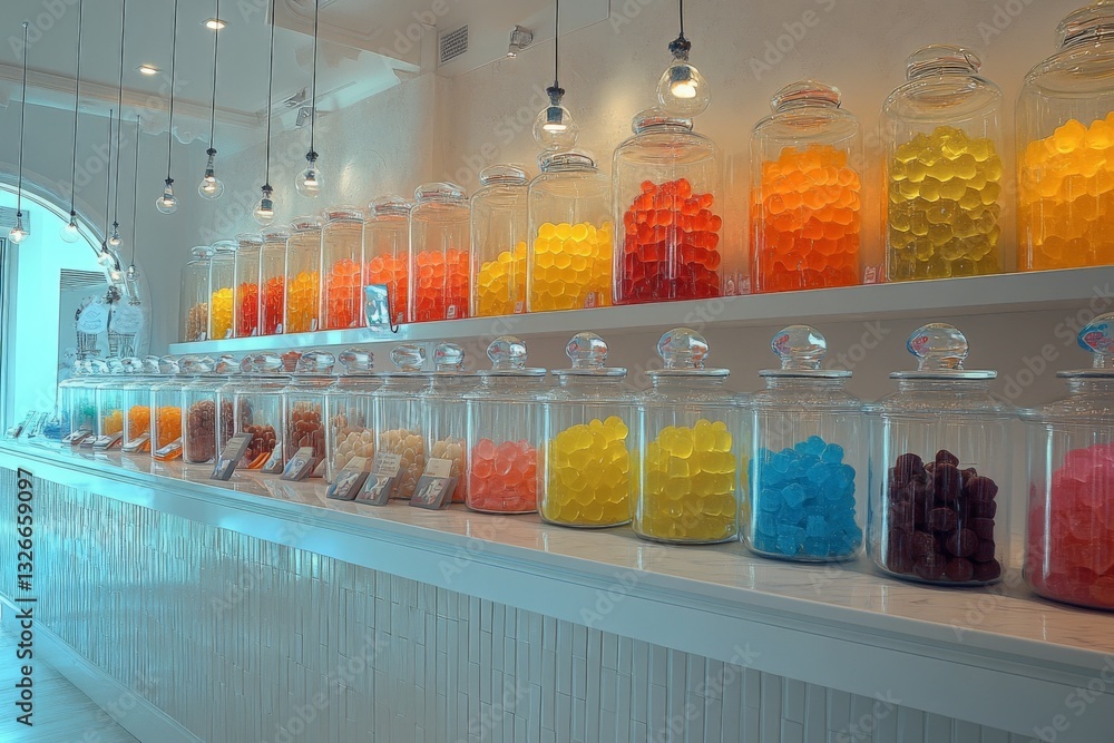 Poster colorful candy jars display in a vibrant shop creating a joyful atmosphere for visitors