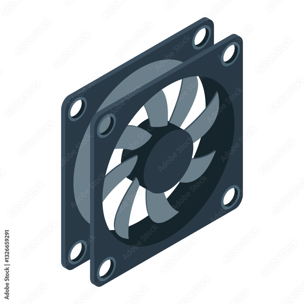 Poster isometric computer fan. computer fan cooler. isometric of pc case fan. computer hardware components.