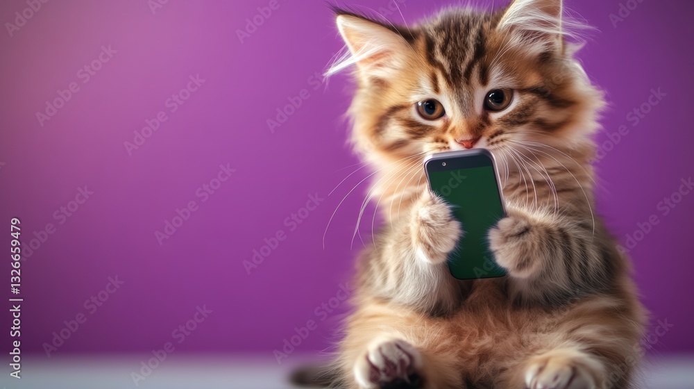 Poster kitten is sitting on a table and holding a cell phone in its mouth. concept of curiosity and playful