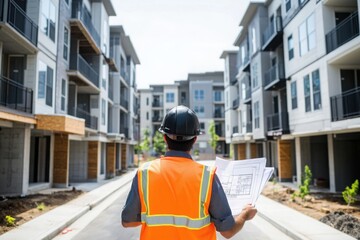 Fototapeta premium Construction Worker Reviewing Blueprints on Residential Development Site