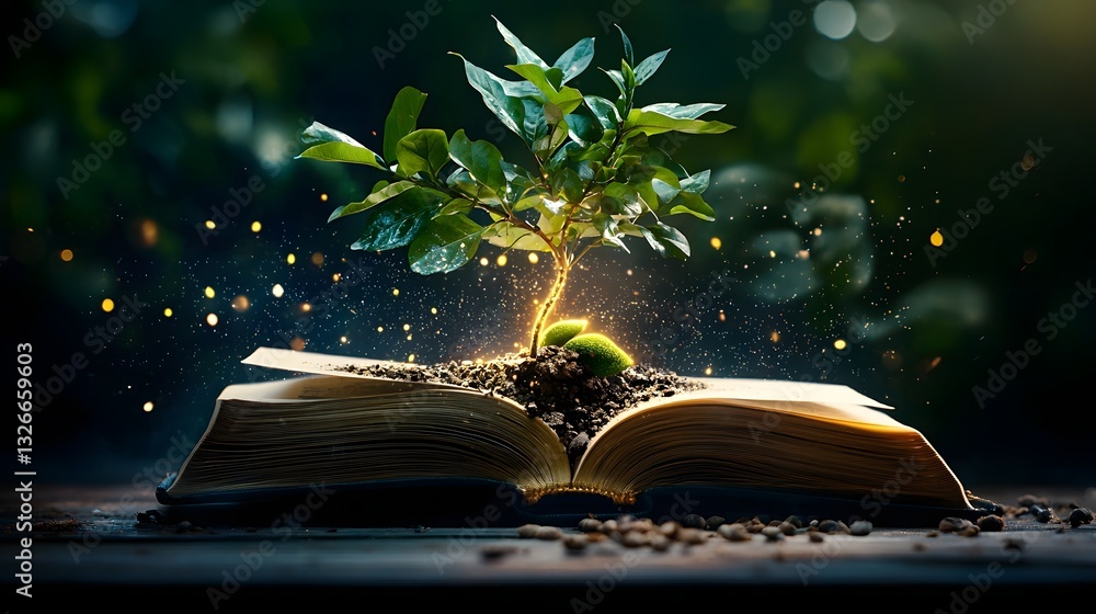 Aufkleber a captivating photograph showcasing an open book with a glowing seed sprouting into a magnificent fl