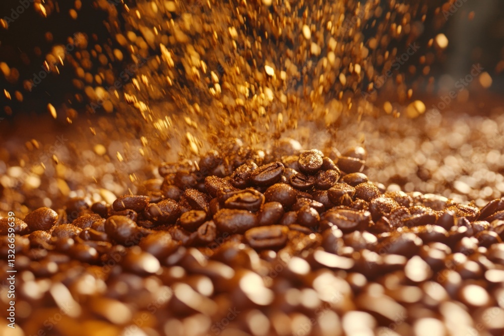 Poster freshly roasted coffee beans create a rich aroma with sparkling particles in a warm atmosphere