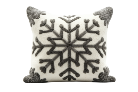 Cozy woolen throw pillow with embroidered snowflakes isolated on transparent background