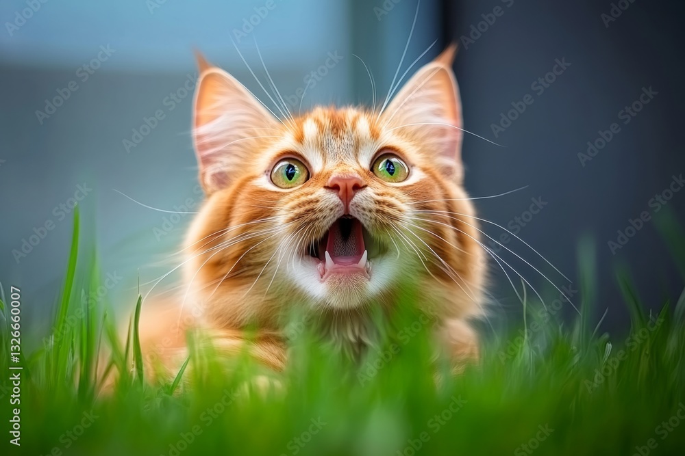 Poster cat with its mouth open and eyes wide open. the cat is looking at the camera and he is surprised or 