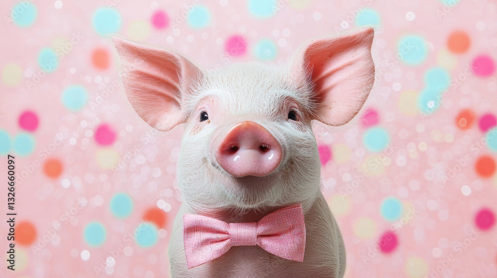 Poster pig wearing a pink bow tie is smiling at the camera. the image has a playful and lighthearted mood, 