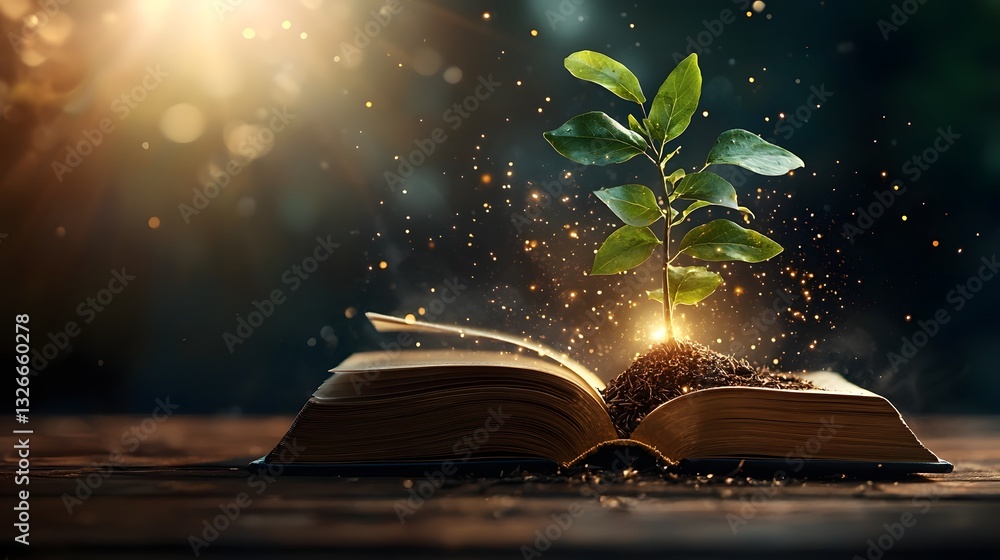 Aufkleber glowing seed sprouting into a massive flourishing tree emerging from the pages of an open book symbo