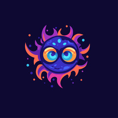 Smiling Blue Sun with Colorful Flames and Polka Dots on Dark Background
