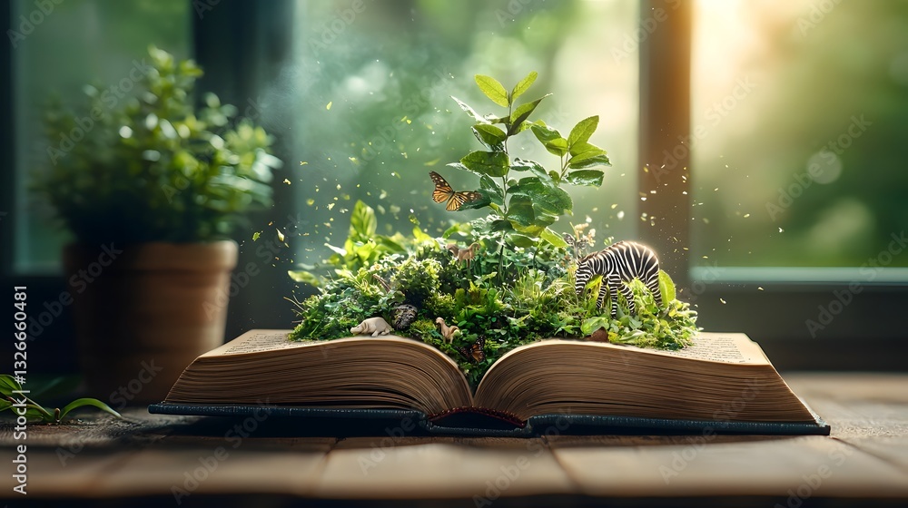 Aufkleber enchanted miniature rainforest blossoms from open book symbolizing the diversity and resilience of n