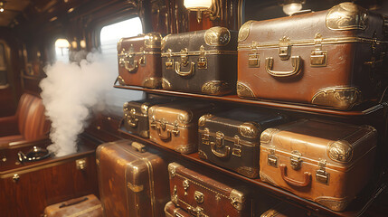Vintage luggage on a luxury train shelf. Steam drifts in the background, creating a nostalgic atmosphere.  Perfect for travel, adventure, or historical themes.