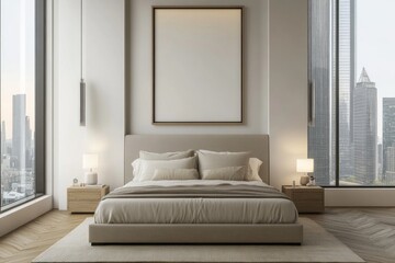 An elegantly furnished bedroom with city view overlooking modern skyscrapers