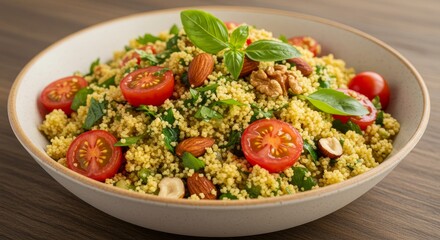 Vibrant Couscous Bowl with Herbs and Nuts - Healthy, flavorful couscous salad, perfect as a meal or side. Symbolizes freshness, nutrition, vibrant flavors, wholesome eating, and Mediterranean cuisine