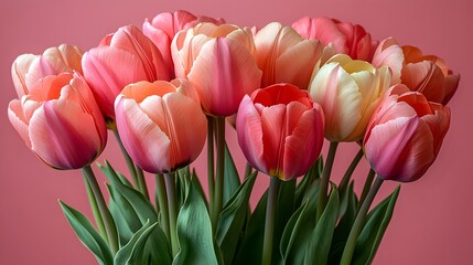 Fototapeta premium Colorful vibrant Tulips in Full Bloom Against a Pink Background creating an elegant floral composition 