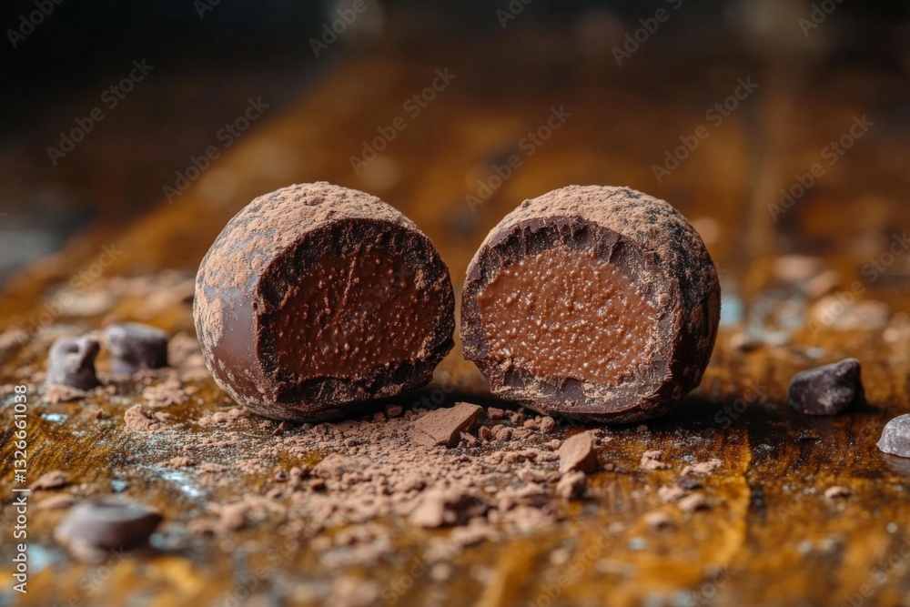 Poster chocolate truffles filled with rich ganache and dusted with cocoa powder on a rustic wooden table