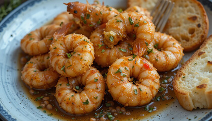 Naklejka premium Garlic butter shrimp with fresh herbs, served with crispy toasted bread on a rustic plate – delicious seafood dish, perfect for dinner or a gourmet appetizer