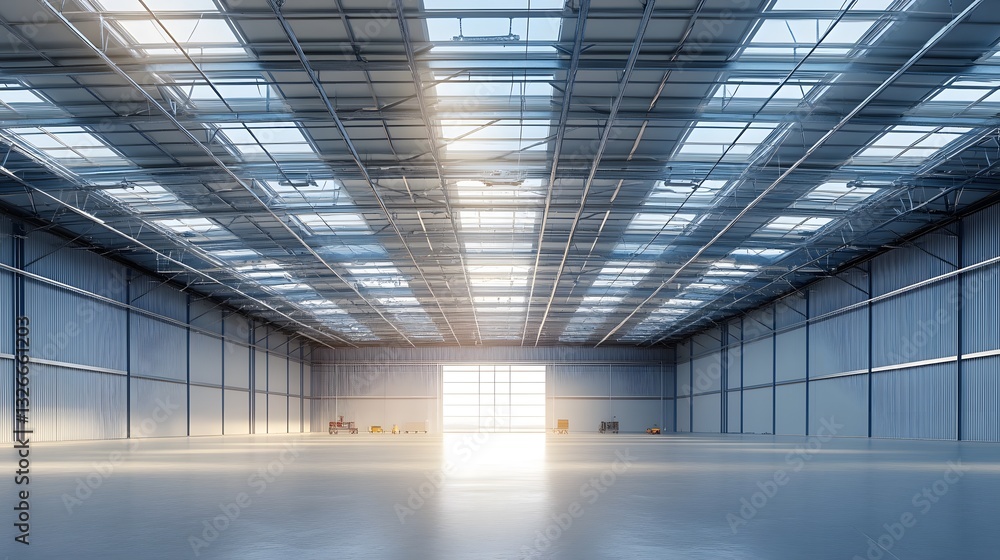 Poster Sunlight is shining through loading dock door of empty warehouse