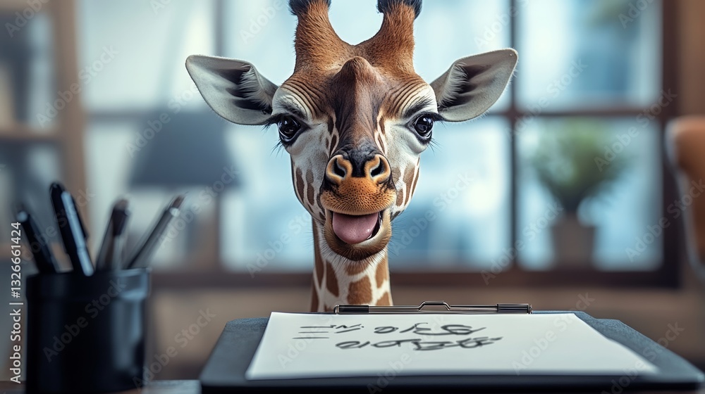 Poster giraffe is standing in front of a desk with a piece of paper on it. the paper has the word 
